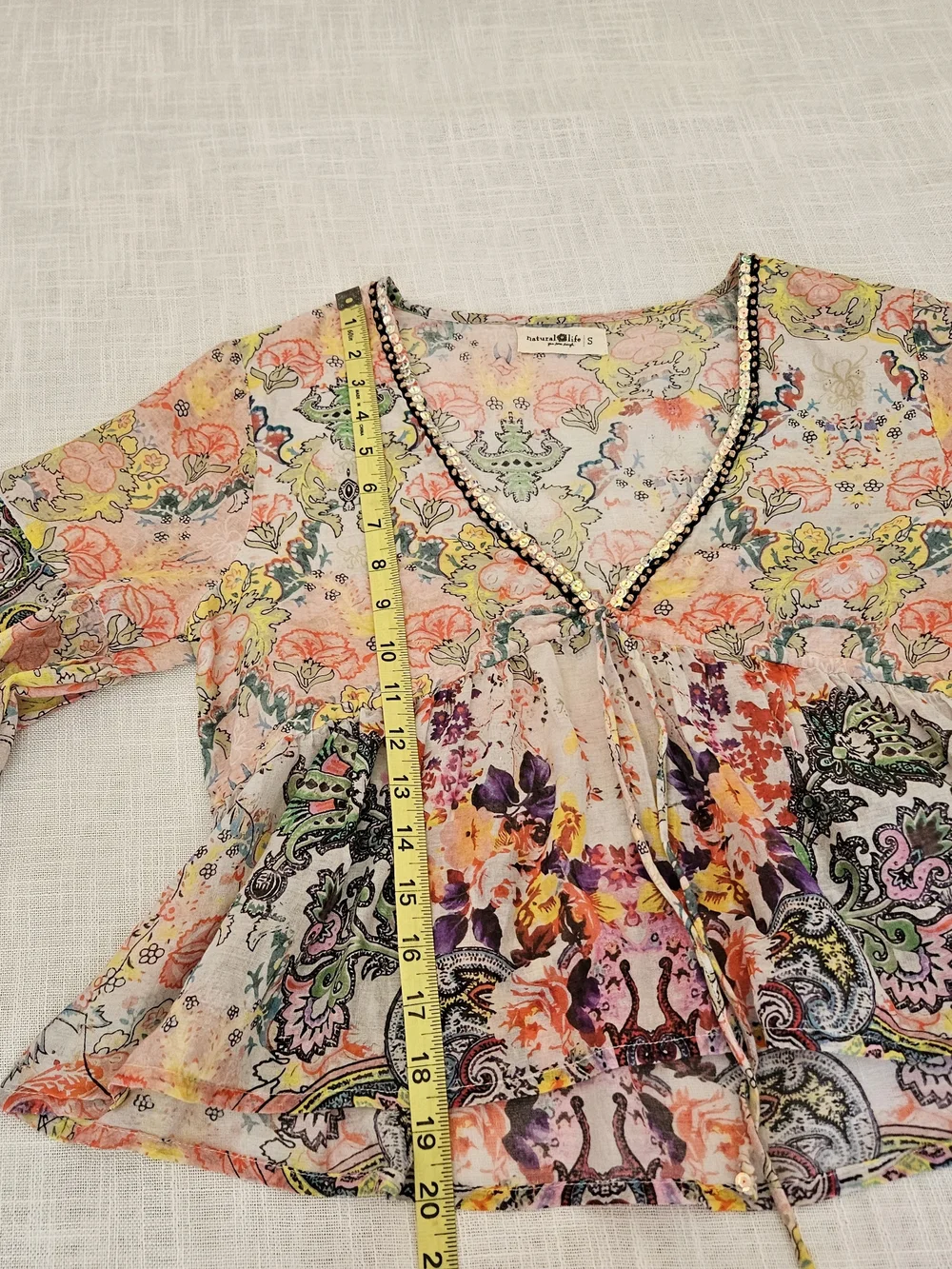 Natural Life Boho Floral Paisley Peplum Blouse S Cotton V-Neck Sequin Trim Bell - Picture 13 of 15